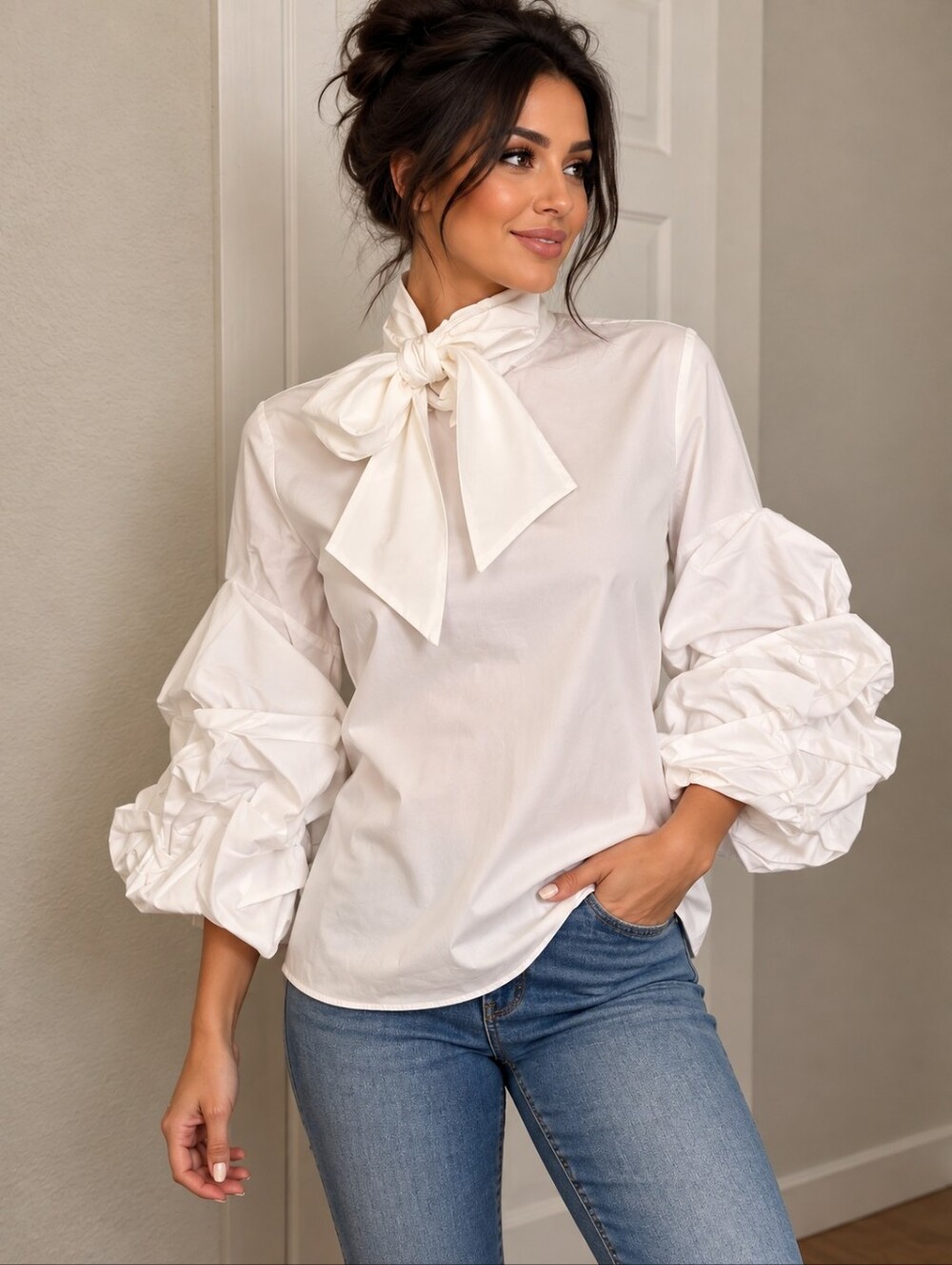 Elegant White Bow-Neck Puff Sleeve Blouse